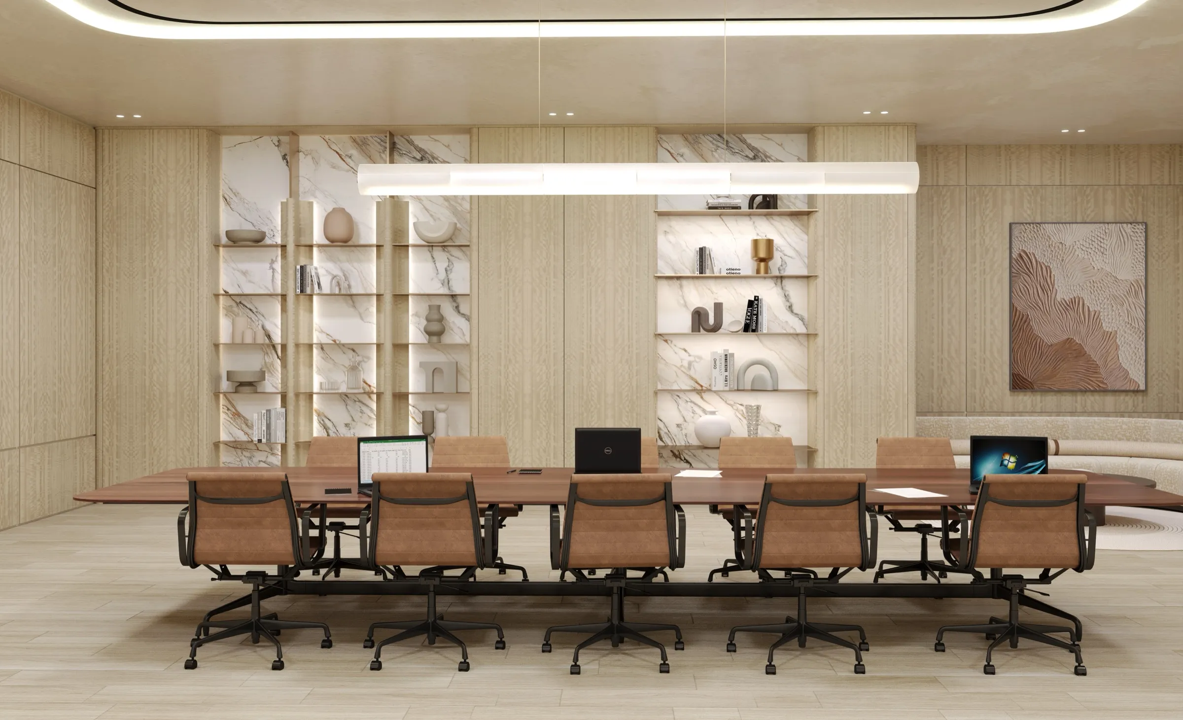 Business suite with meeting table and screen at AHS Twin Towers