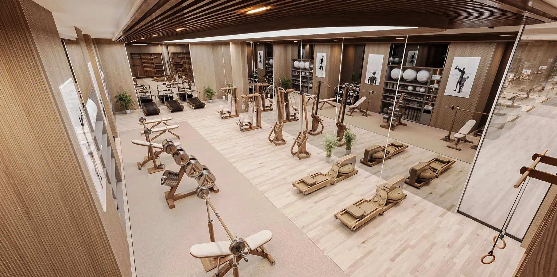 Fitness studio with reformers and timber ceiling