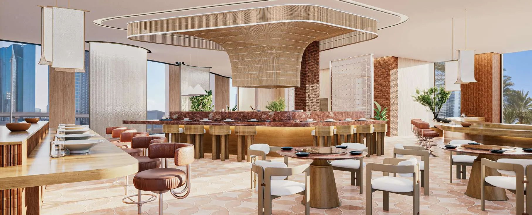 Food hall counter with bar seating and city views at AHS Twin Towers
