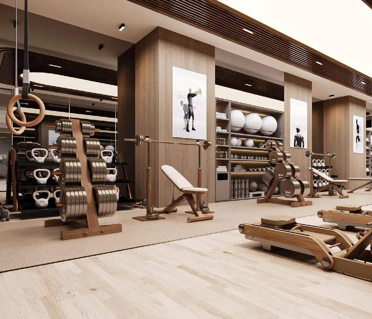 Gym with free weights and timber finishes at AHS Twin Towers