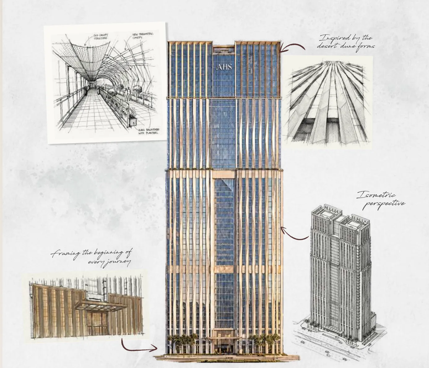 Architectural sketches of the AHS Twin Towers transformation inspired by desert dunes