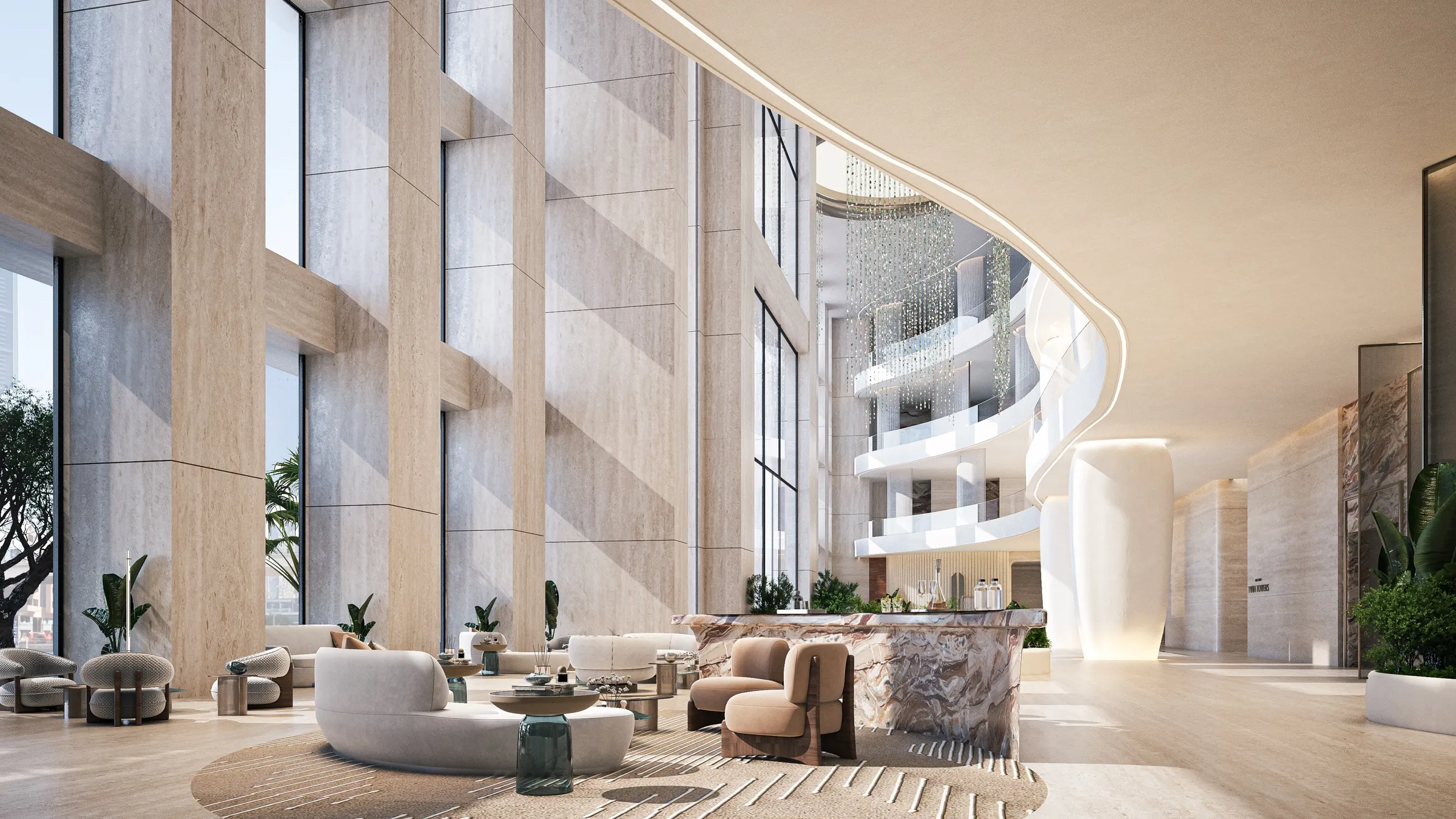 Double-height atrium lounge with full-height glazing at AHS Twin Towers