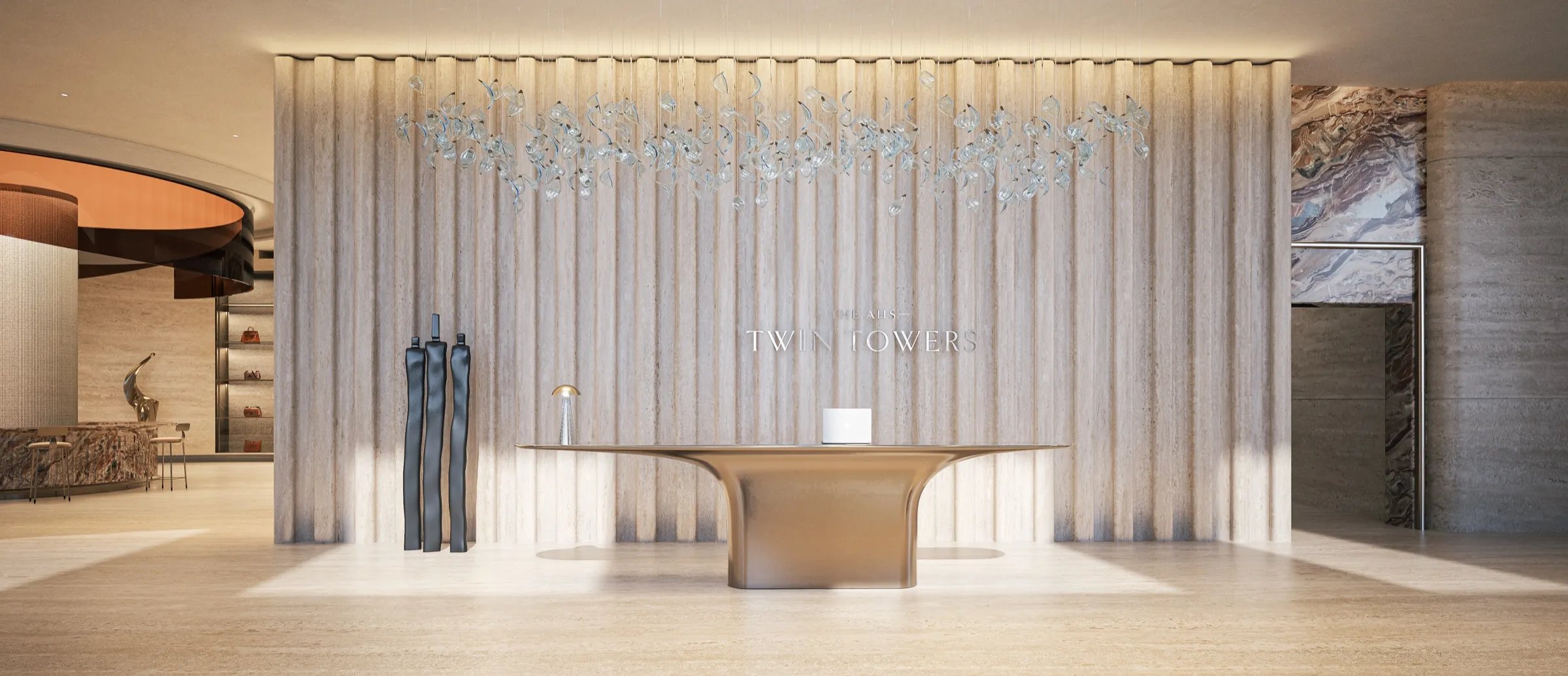 Reception desk before a sculpted curtain wall at AHS Twin Towers