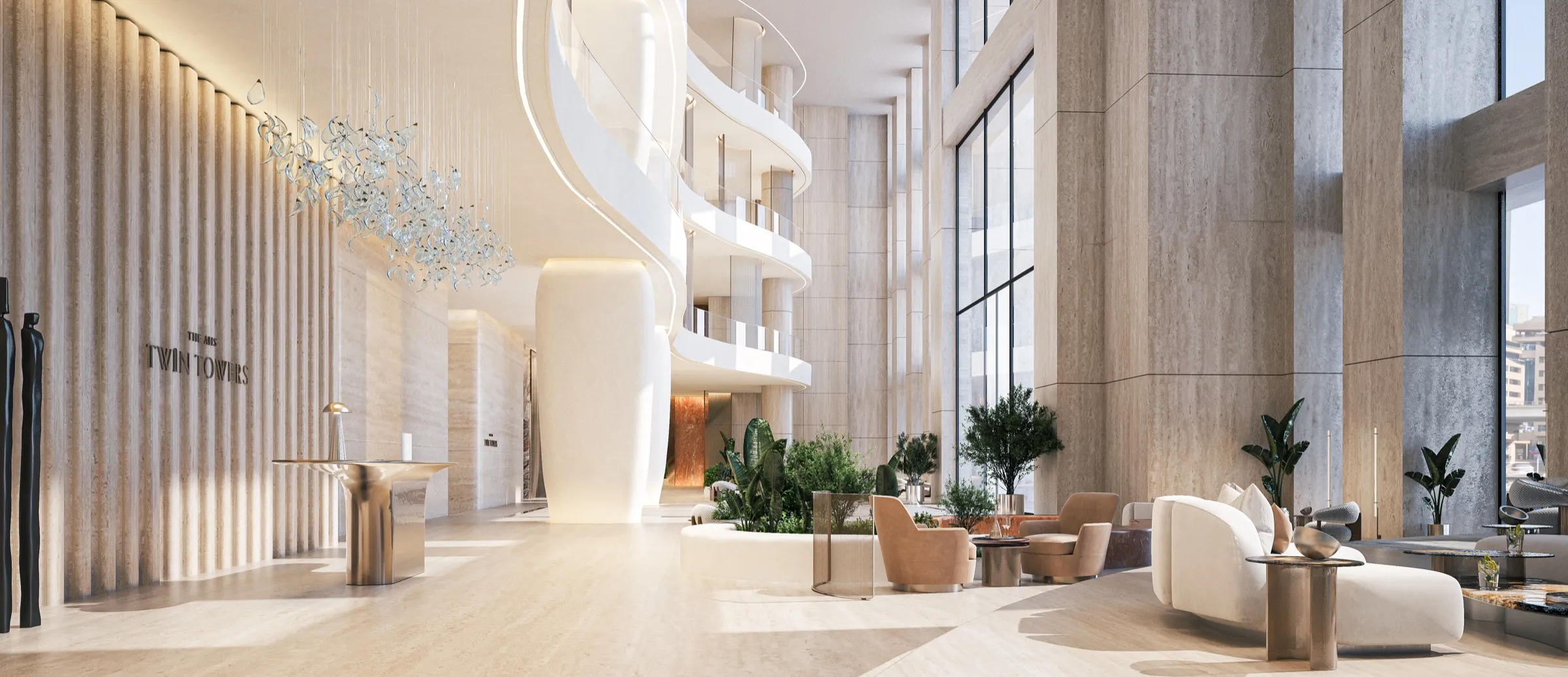 Grand lobby reception with sculptural columns at AHS Twin Towers