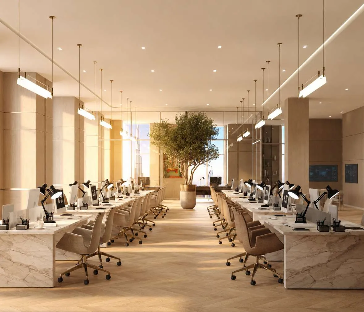 Grand Office half-floor workspace with long workstation runs
