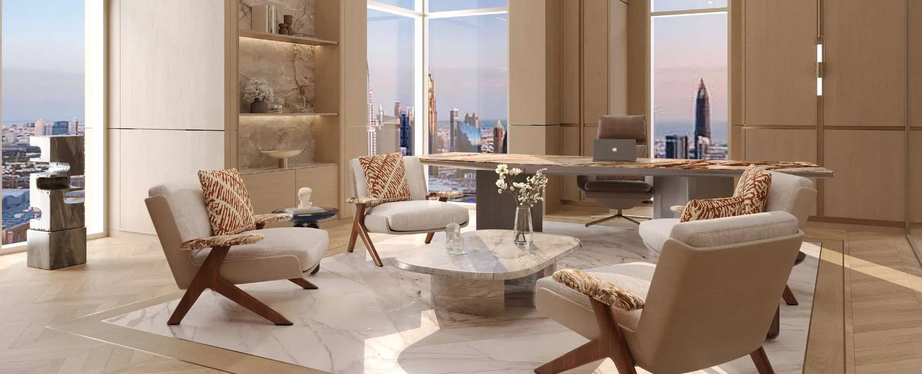 Office lounge with leather armchairs and views over Dubai