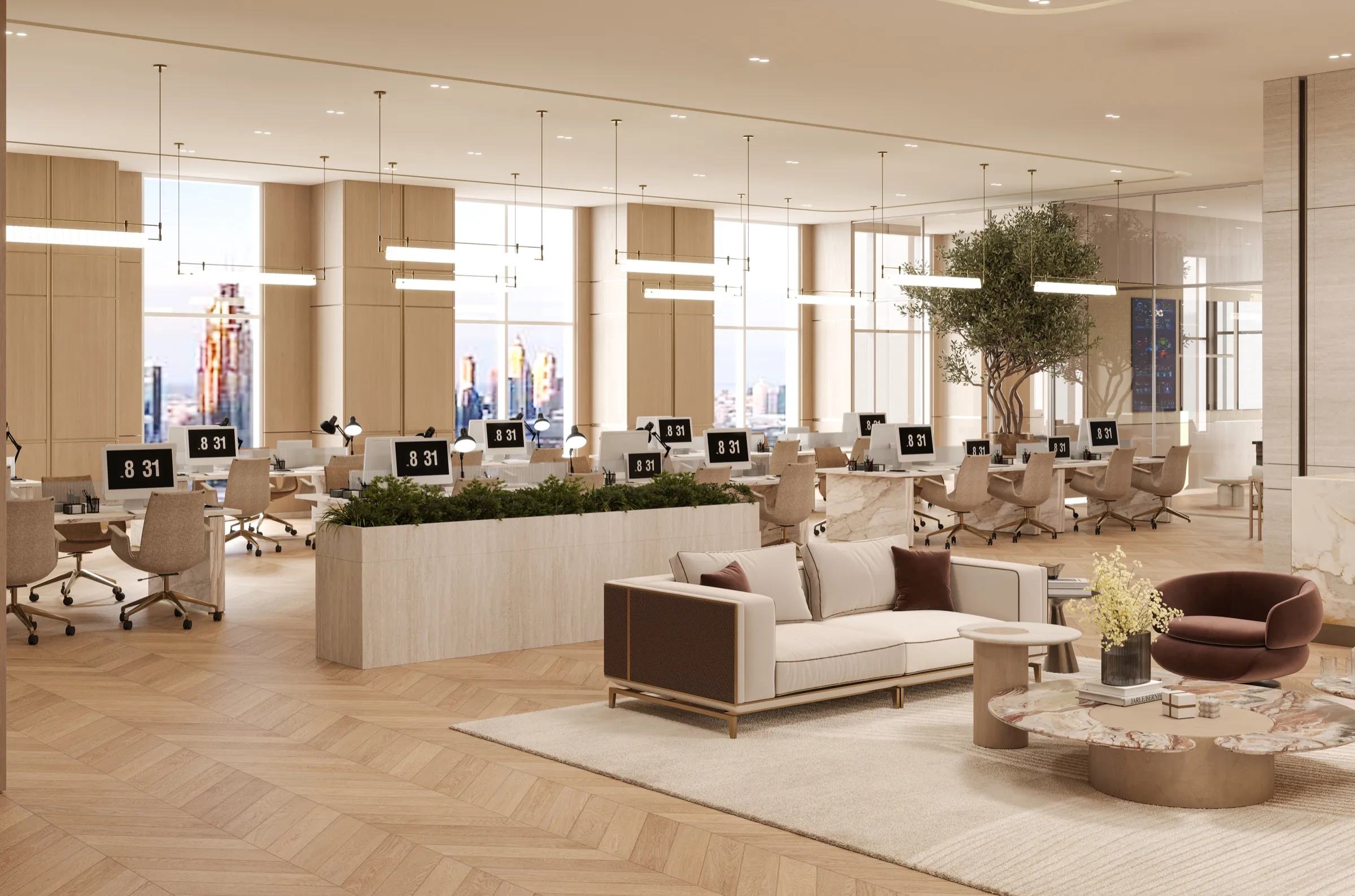 Open-plan office with lounge seating and workstations