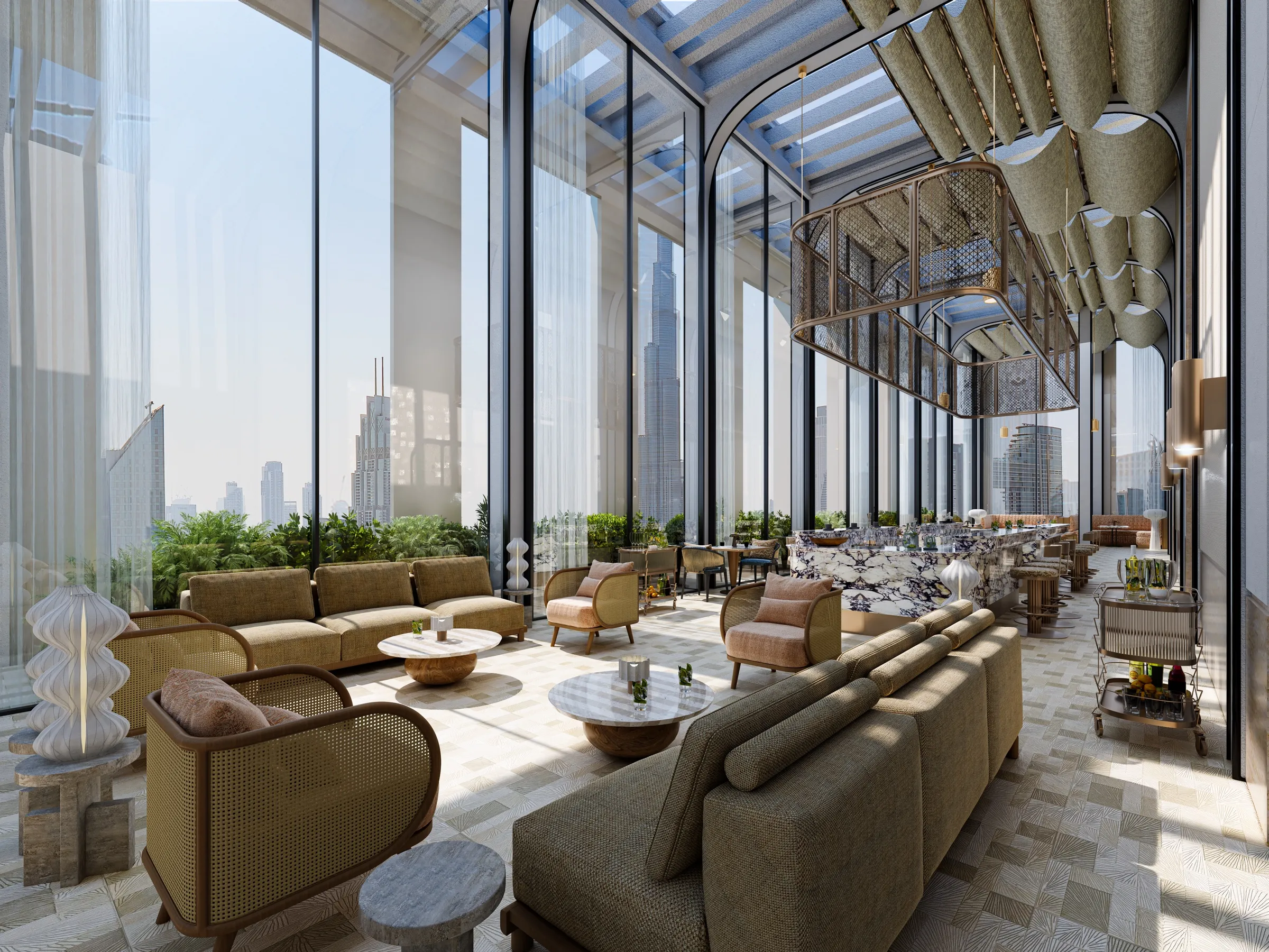 Rooftop lounge with sofas beside full-height glazing at AHS Twin Towers