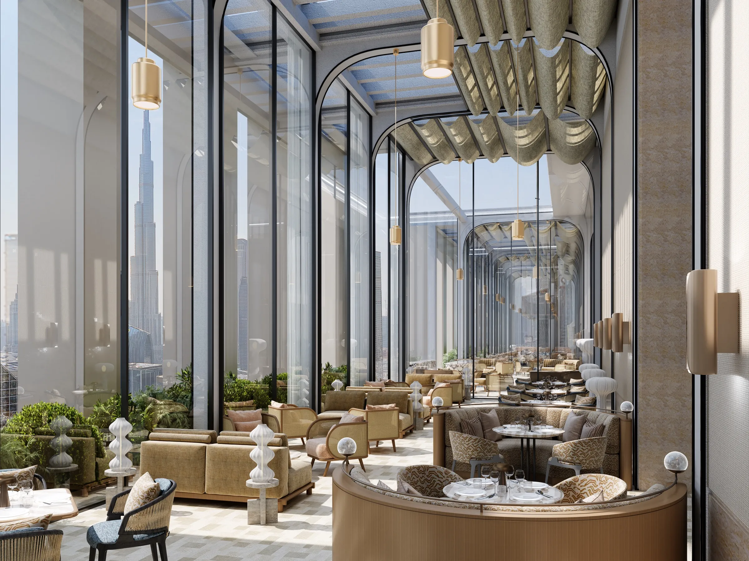 Rooftop dining under a lattice canopy at AHS Twin Towers