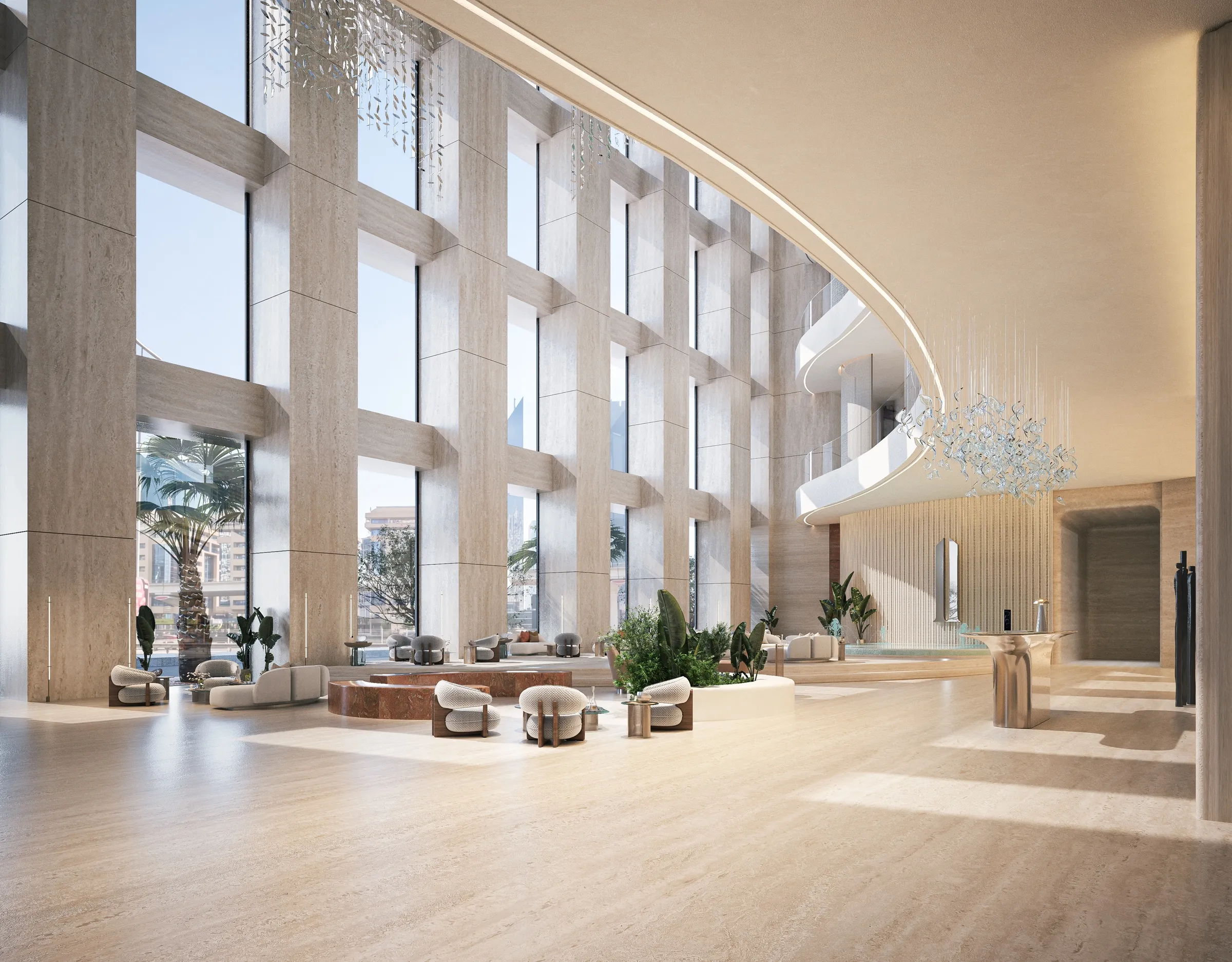 Curved lobby balconies above lounge seating at AHS Twin Towers