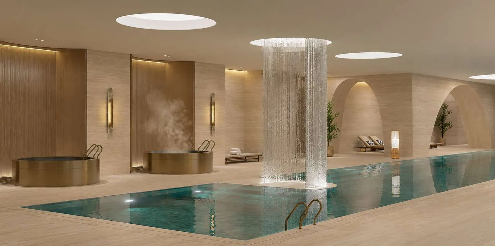 Thermal bathing pool with water column at AHS Twin Towers