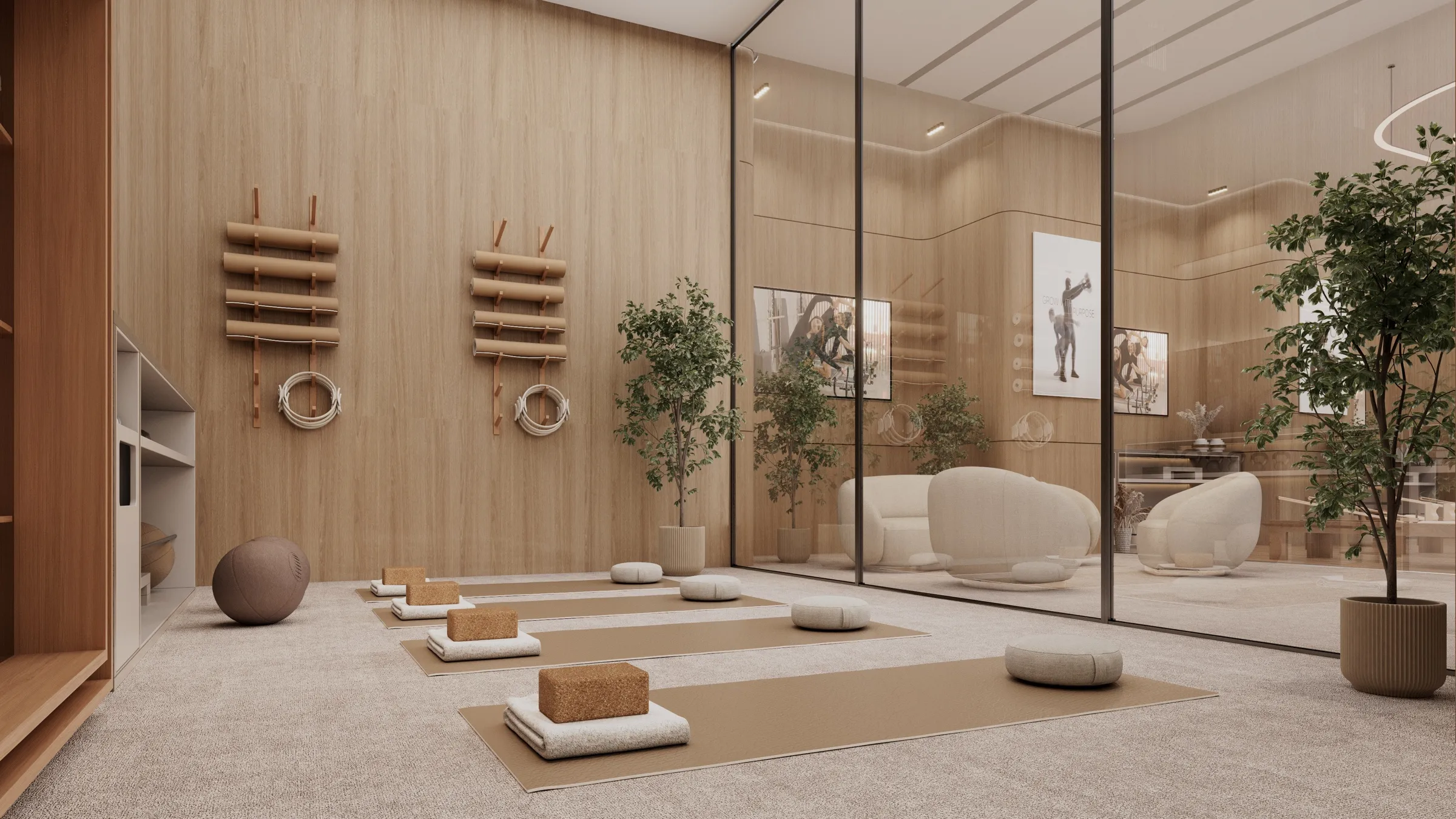 Yoga studio with mats, plants and timber shelving at AHS Twin Towers